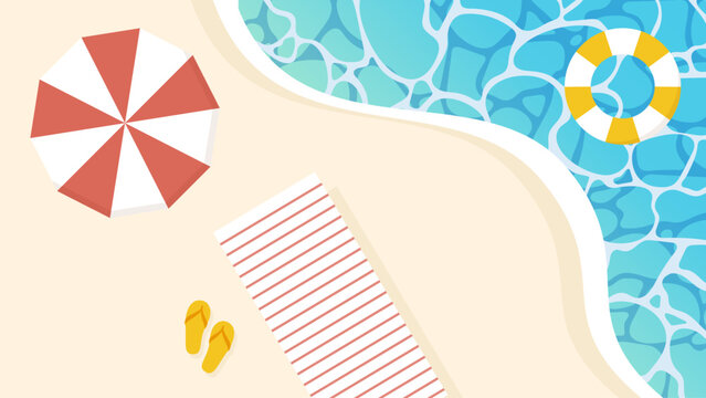 夏の海のイラスト　砂浜　ビーチパラソル　うきわ