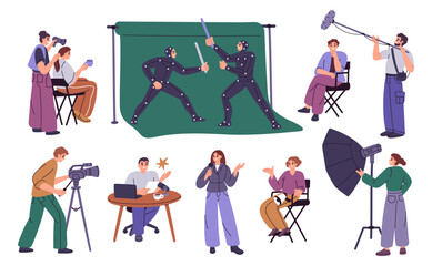 Movie production. Crew filming team on set, video operators, professional creation videographers, actors and director, people create films and shows, garish vector cartoon isolated set © YummyBuum