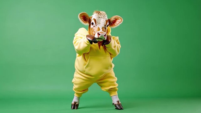 A cow wearing a yellow hoodie stands and strikes a pose against a green backdrop to entertain viewers