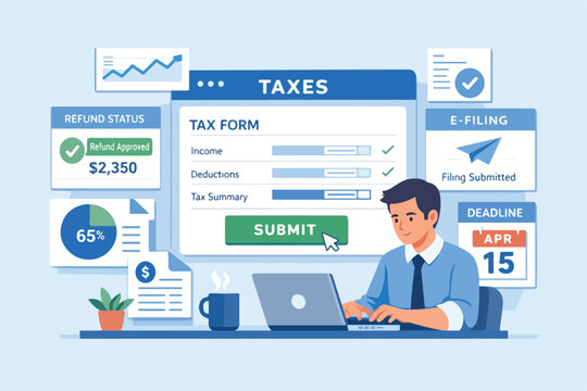 Office Worker Filing Taxes Online with Laptop Flat Illustration