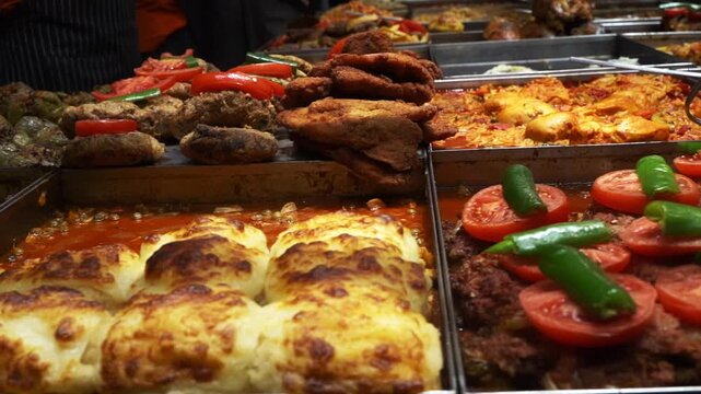 Variety of authentic Turkish food displayed at a traditional lokanta or bistro in Istanbul. Wide selection of ready-to-eat dishes like kebabs, stews, vegetables, and casseroles for lunch.