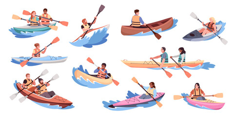 Obraz premium River rafting people. Extreme water sport, kayaks with paddles, racing athletes wearing life jackets, person on canoes, outdoor recreation and adventures tidy vector cartoon isolated set