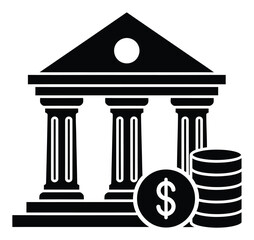 Fototapeta premium Financial institution building with classic columns and dollar coins representing banking, investment, and economic concepts for business and finance visuals
