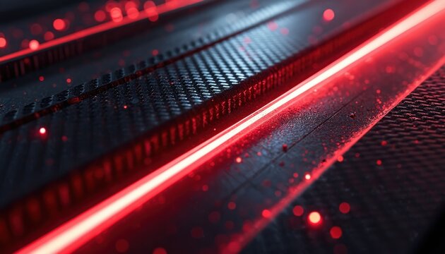 Abstract dark background features carbon fiber texture with glowing red light streaks, particles. Dynamic lines suggest speed, motion, futuristic technology. Useful for tech, automotive, design