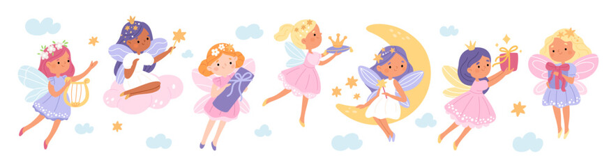 Magical fairies. Little girls characters, children with wings hold gifts, harp, crown, cute fairy costumes, fantasy princesses flying in clouds and stars, garish vector cartoon isolated set © YummyBuum