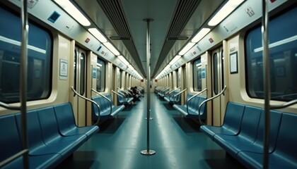 Obraz premium Empty Subway Car Interior With Blue Seats and Rows of Windows Reflecting City Lights Traveling Through Urban Tunnel