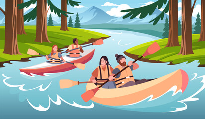 Kayaking people. Friends rafting on river in canoe with paddles, water sports, summer forest landscape active family outdoor recreation, group rowing, tidy vector cartoon isolated concept © YummyBuum