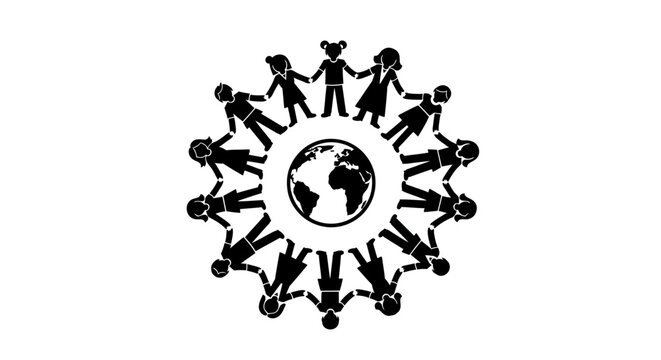 Monochrome illustration of diverse people holding hands in a circle around the Earth, designed with a simple black silhouette against a clean white background, symbolizing global wellness