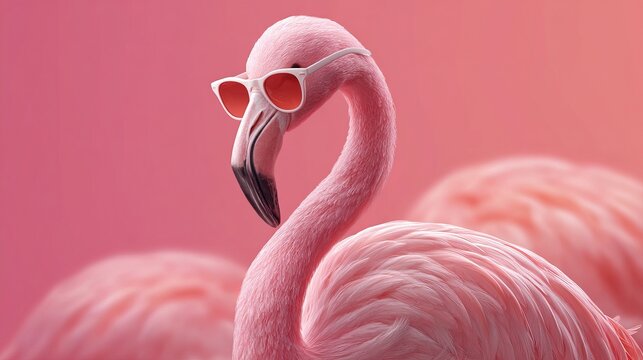 A flamingo wearing sunglasses stands out against a vibrant pink background with its flock.