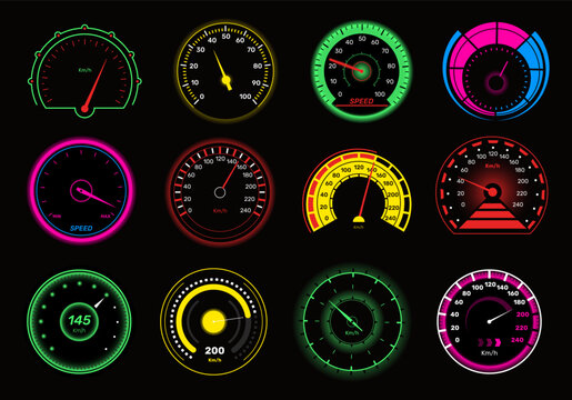 Auto speedometer. Glowing car tablo elements, dials with arrows, kilometer meters, gauge equipment, indicator scale, speed measurement on instrument panel interface qualitative vector set