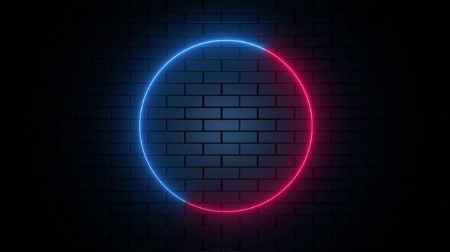 Neon circle frame animation. Blue and red glowing ring with brick wall background and modern light effect
