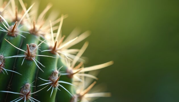 Macro view of green cactus with sharp white spines. Detailed texture and natural pattern of succulent plant. Botanical close-up of arid flora.