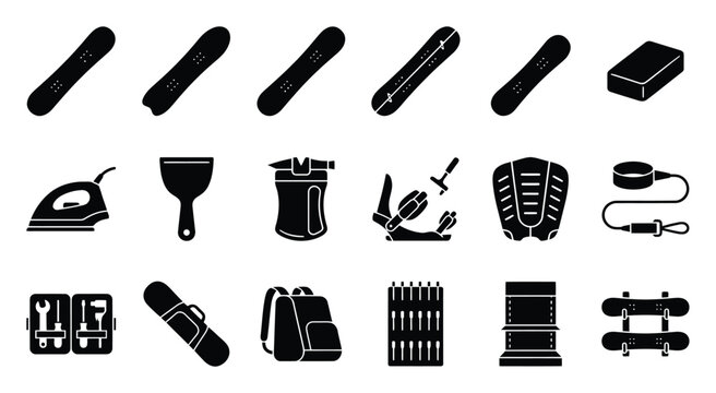 Extensive collection of snowboarding gear, accessories, and maintenance tools presented as minimalist glyph icons, perfect for web graphics, educational materials, and winter sports
