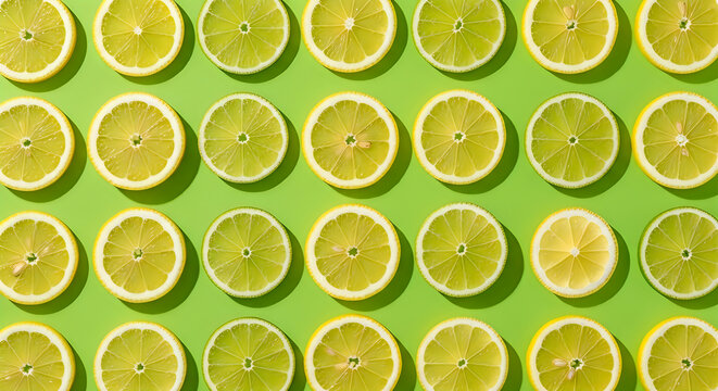 A vibrant and symmetrical pattern of sliced citrus fruits arranged on a solid lime green background