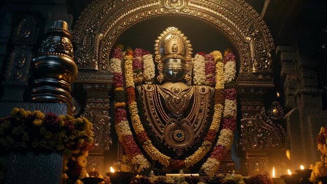 Divine Lord Venkateshwara Idol Decorated with Gold Ornaments and Floral Garlands in a Sacred Temple Setting