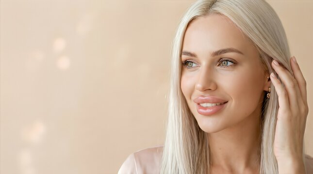 Female model with long blonde hair and subtle lip augmentation poses against a soft beige background, showcasing her natural beauty and elegant features in a close-up portrait