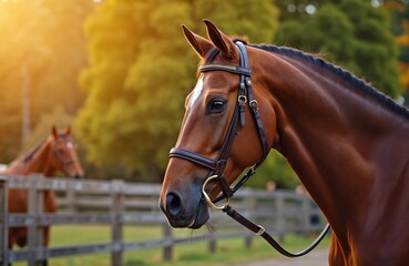 Fototapeta premium Brown horse with bridle in profile view stands in paddock during golden hour. Another horse blurred background. Equestrian event background. Warmblood gelding head focus.