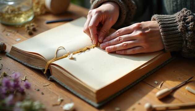 Hands create handmade book binding with thread and tools. Dried flowers and acorns decorate wood table. Crafting hobby project for personal journal or album.