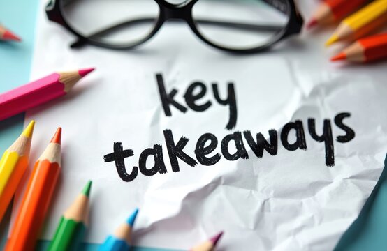 Paper with text key takeaways near colored pencils and glasses. Idea for summary points report or presentation. Focus on main points. Essential info.