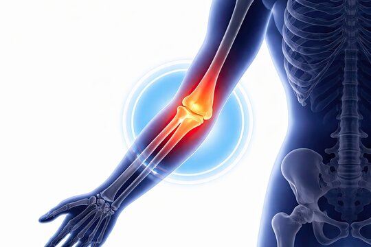 Human elbow joint pain inflammation radius ulna humerus orthopedic anatomy medical condition skeletal system detailed view isolated on white background