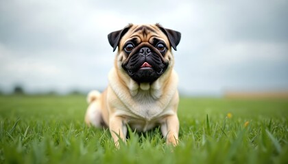 Obraz premium Cute pug dog rests on green grass field. Adorable fawn pet sits outdoors under cloudy sky looking directly at camera. Canine has black face mask ears.