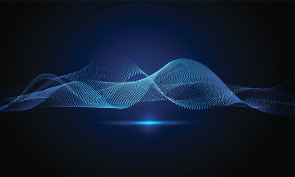 Abstract dynamic particles sound wave flowing background technology design. Big data flow array of glowing dots. Vector illustration