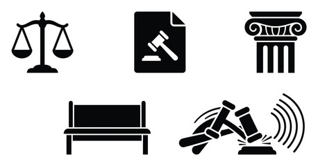 Fototapeta premium Professional collection of legal themed icons including scales of justice, gavel, courtroom bench, document, and classical column for legal presentations and educational materials