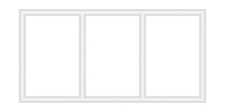 Rectangular metallic glass window three panel frame mockup with empty triptych molding modern baseboard transparent background for interior exterior design blank isolated