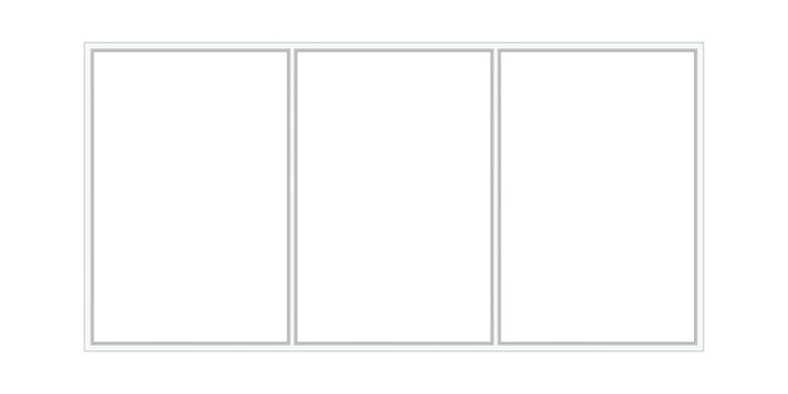 Rectangular metallic glass window three panel, modern  frame mockup with empty triptych molding baseboard transparent background for interior exterior design blank isolated