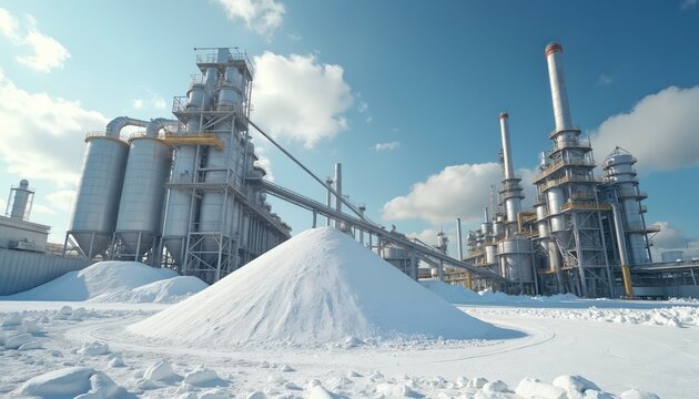 Large industrial plant with silos and smokestacks. Huge white powder stockpile sits in foreground on snowy ground. Blue sky with clouds overhead.