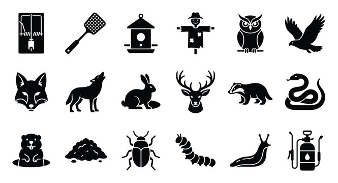 Essential symbols for nature, wildlife, and pest control, depicting various animals, common garden pests, and tools, ideal for environmental, outdoor, and agricultural project applications.