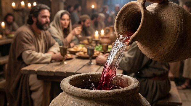 Biblical miracle of water turning into red wine at an ancient feast, historical banquet scene with people and cinematic lighting.