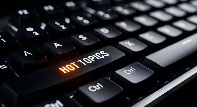 A computer keyboard features a glowing orange HOT TOPICS key among other dark keys