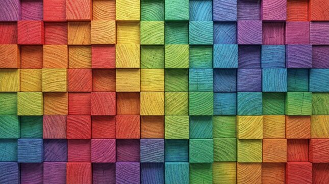 Abstract 3D rainbow wooden block grid background with visible wood grain and colorful geometric mosaic pattern.