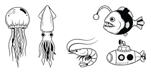 Obraz premium Assortment of oceanic animals including jellyfish squid anglerfish shrimp and submarine outlines perfect for educational aquatic themes and deep sea adventure projects