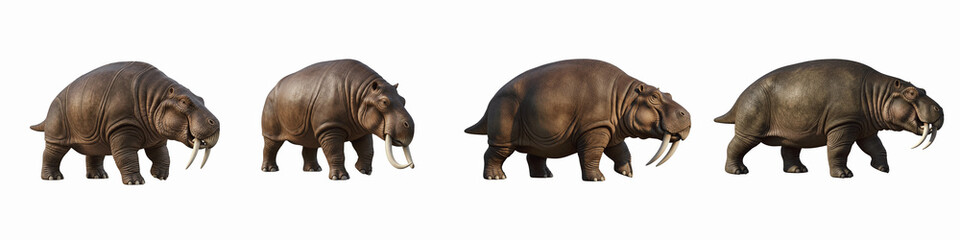 Naklejka premium Set of prehistoric tusked mammals walking isolated on black background