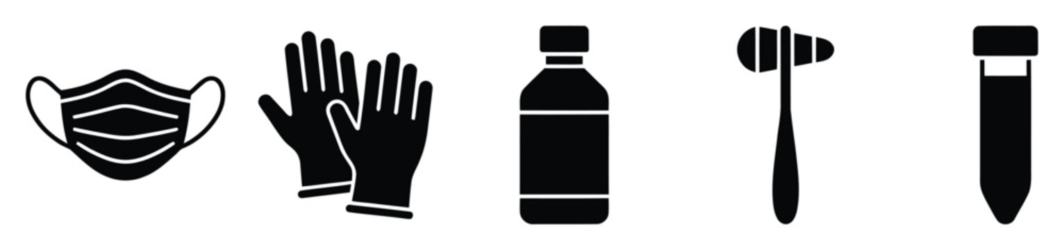 Essential medical and healthcare equipment icons including face mask gloves bottle reflex hammer and test tube for health protection and clinical examination concepts