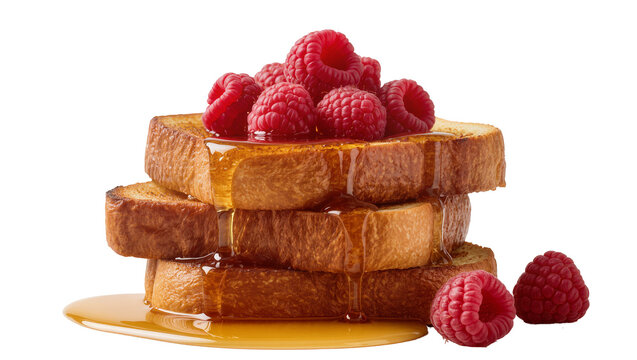 Stack of golden French toast slices with fresh raspberries and dripping syrup, isolated on transparent background