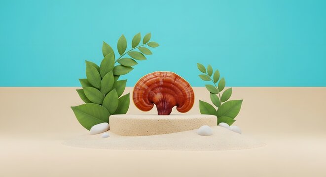 A vibrant red Ganoderma mushroom rests on a sand platform adorned with lush green leaves