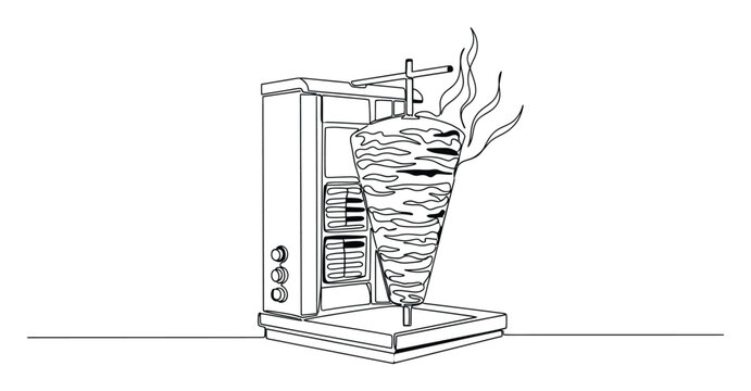 Continuous line drawing of a cooking vertical gyros or d&ouml;ner kebab machine with a large rotating skewer of sizzling meat perfect for food blogs restaurant menus and culinary advertising