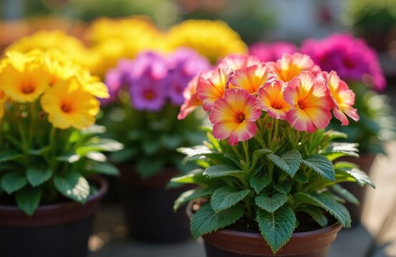 Colourful primrose flowers bloom in pots at a nursery. Yellow, pink, and purple blossoms grow in pots, ready for garden sale. Green leaves sprout with gentle sunlight.
