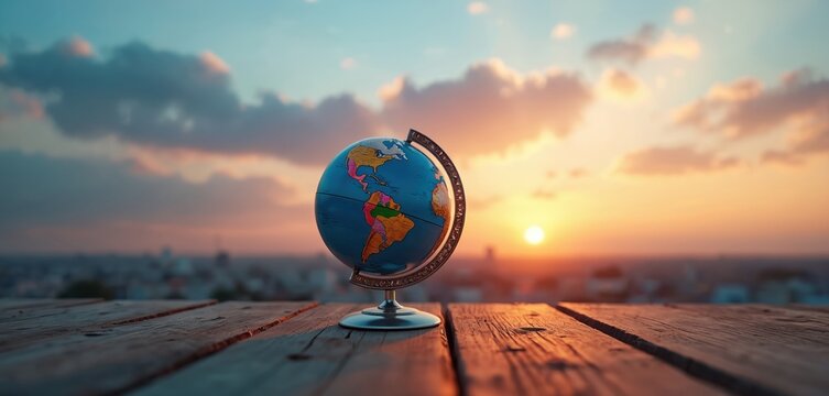 Globe rests on wooden table at sunset. City skyline blurred in background. Sky shows warm colors, clouds drift across. Earth sphere implies global travel or environmental themes.