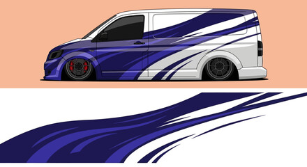 Vibrant stylized van featuring bold blue purple white stripes and flowing graphic elements for branding and design. © Lailatul