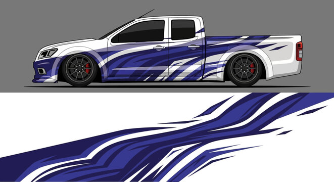 Stylized blue and white racing pickup truck with dynamic graphic stripes.