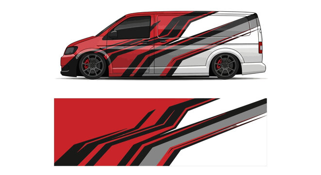 Graphic red and black custom van with dynamic stripe design and sleek curves.