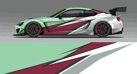 Obraz premium Sleek colorful sports car with bold graphic stripes and aerodynamic design.