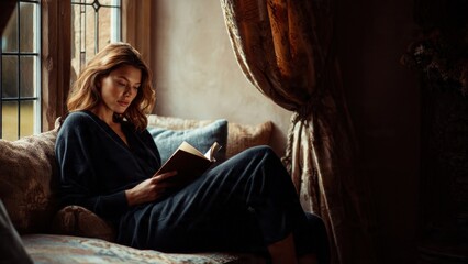 Obraz premium Serene young woman engrossed in reading a book by the sunlit window of her cozy, traditional home, enjoying a moment of peaceful contemplation and leisure.
