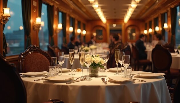 Elegant dining car interior with set tables for meal service. People in formal attire dine on luxury train journey. Crystal glasses filled with champagne await guests. Vintage train carriage offers