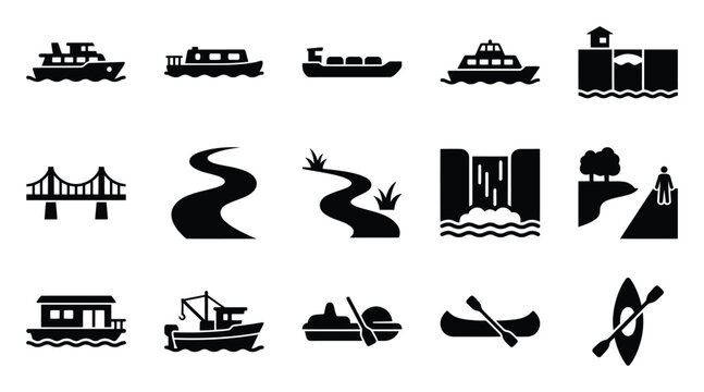 Comprehensive collection of water transport and natural waterway icons including ships, boats, rivers, waterfalls, and a bridge for modern web, app, and user interface design projects