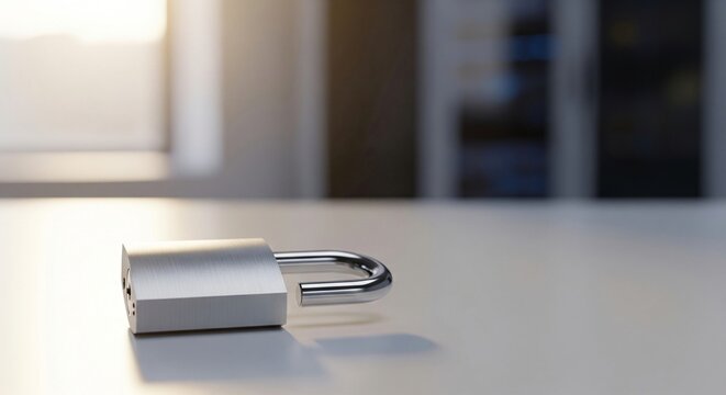 A silver padlock lies open on a bright reflective surface security unlocked